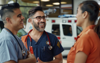 smiling hispanic paramedics interacting